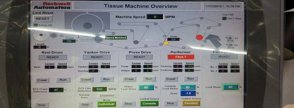 SCADA software automation screen showing tissue machine overview